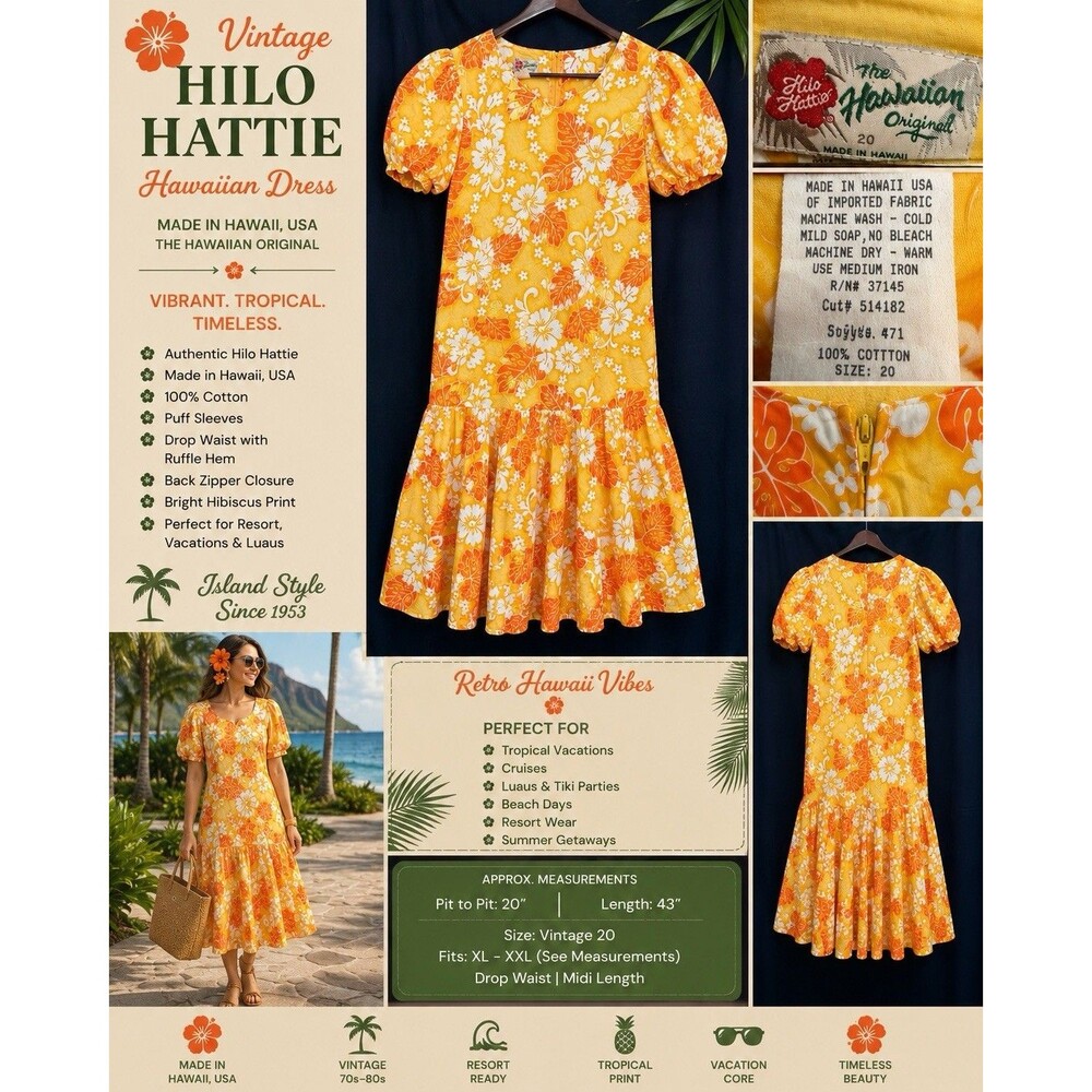 VTG Hilo Hattie Hawaii Dress Yellow Orange Hibiscus Resort Cotton XL 80s